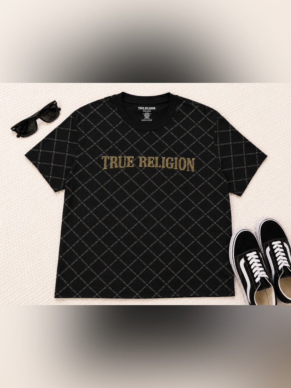 True Religion Men’s 2XL Black Logo Graphic T-Shirt Gold Studded Print Y2K